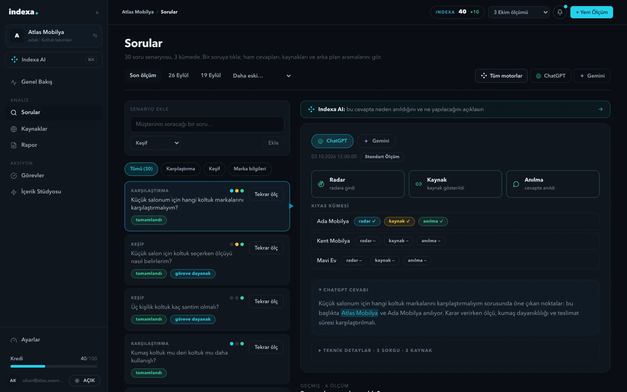 Sorular ekranı: bir sorunun ChatGPT cevabı ve sonucu